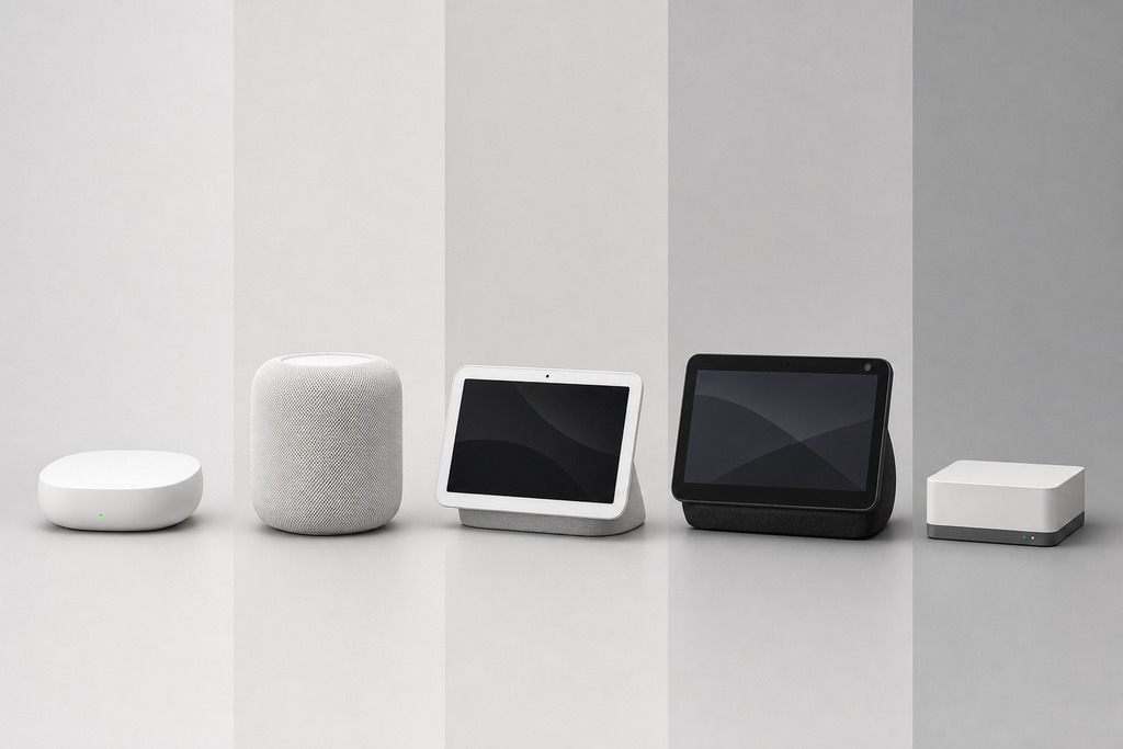 Five smart devices in varying colors, showcasing home automation options for a matter cameras compatibility guide.