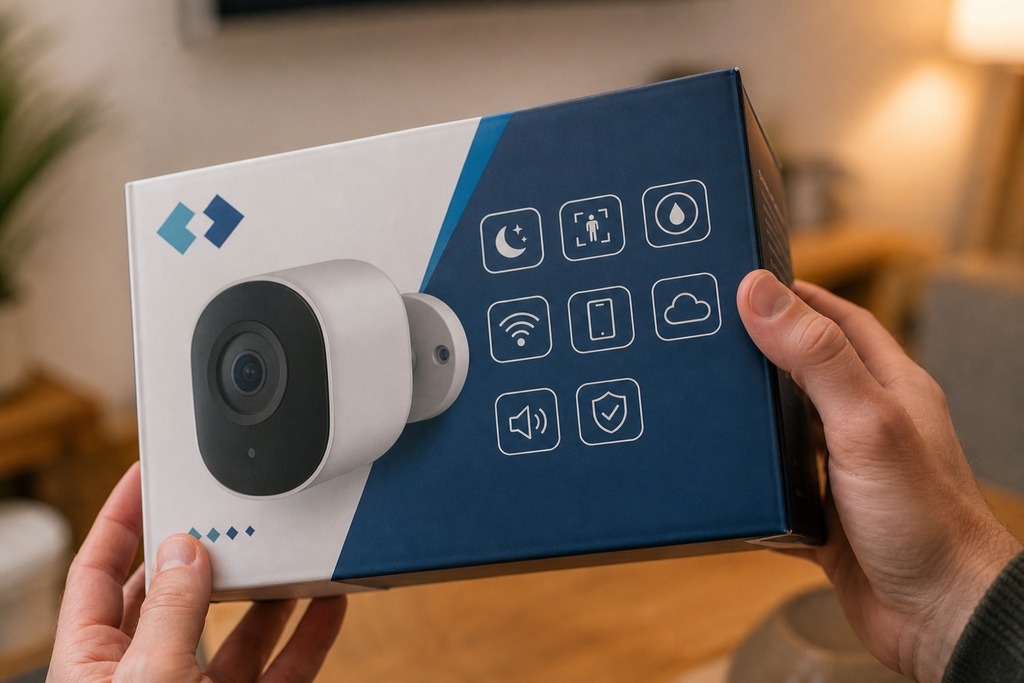 A person holds a Matter camera packaging featuring icons for various features and compatibility indicators.