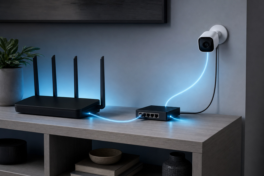 Modern router and network switch connected to a wall-mounted camera, ideal for a matter cameras compatibility guide.