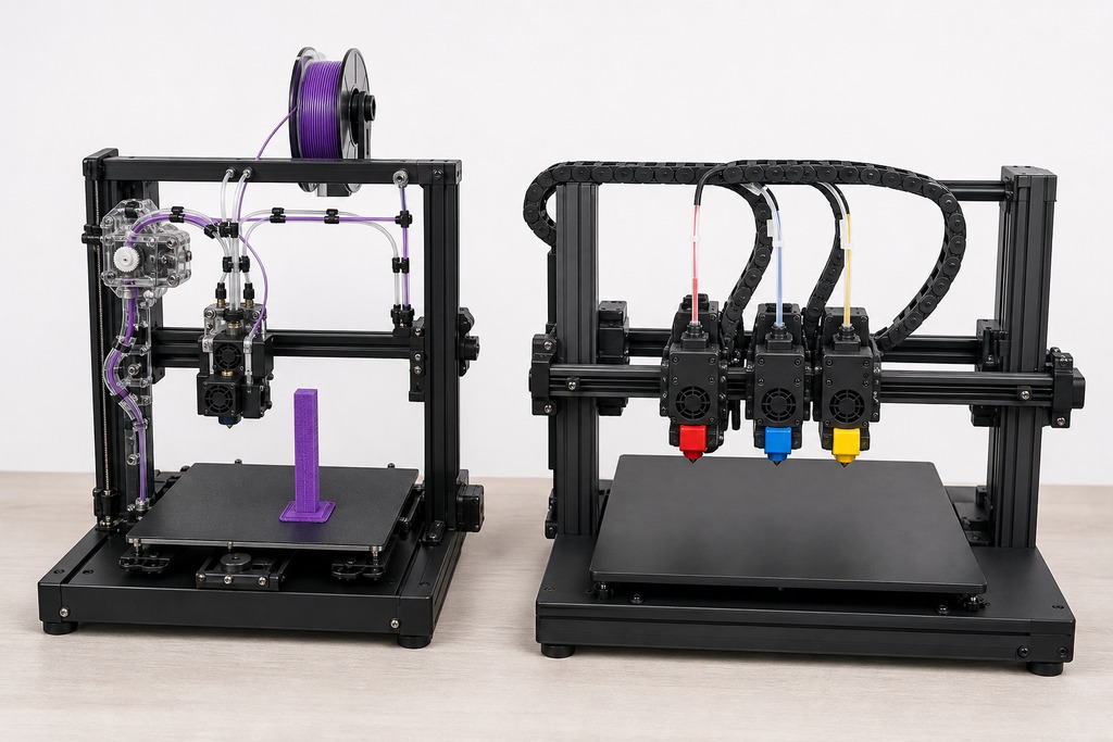 Two 3D printers side by side, showcasing multi-material printing capabilities with colorful filaments.