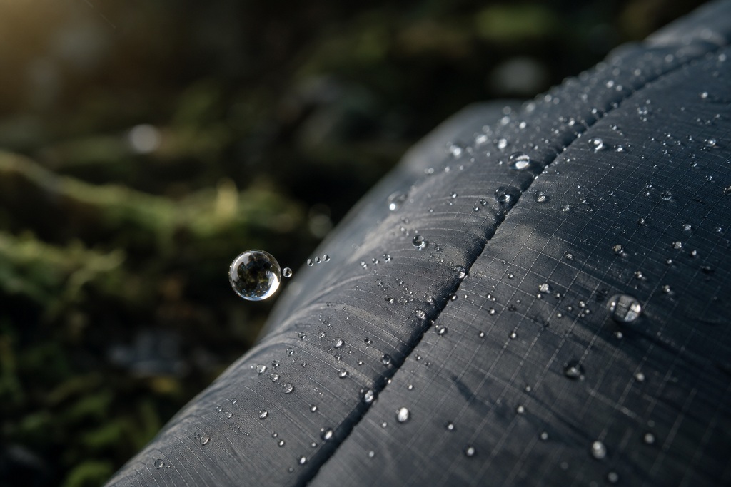 Close-up of a graphene sleeping bag with water droplets on its surface, showcasing its waterproof properties.