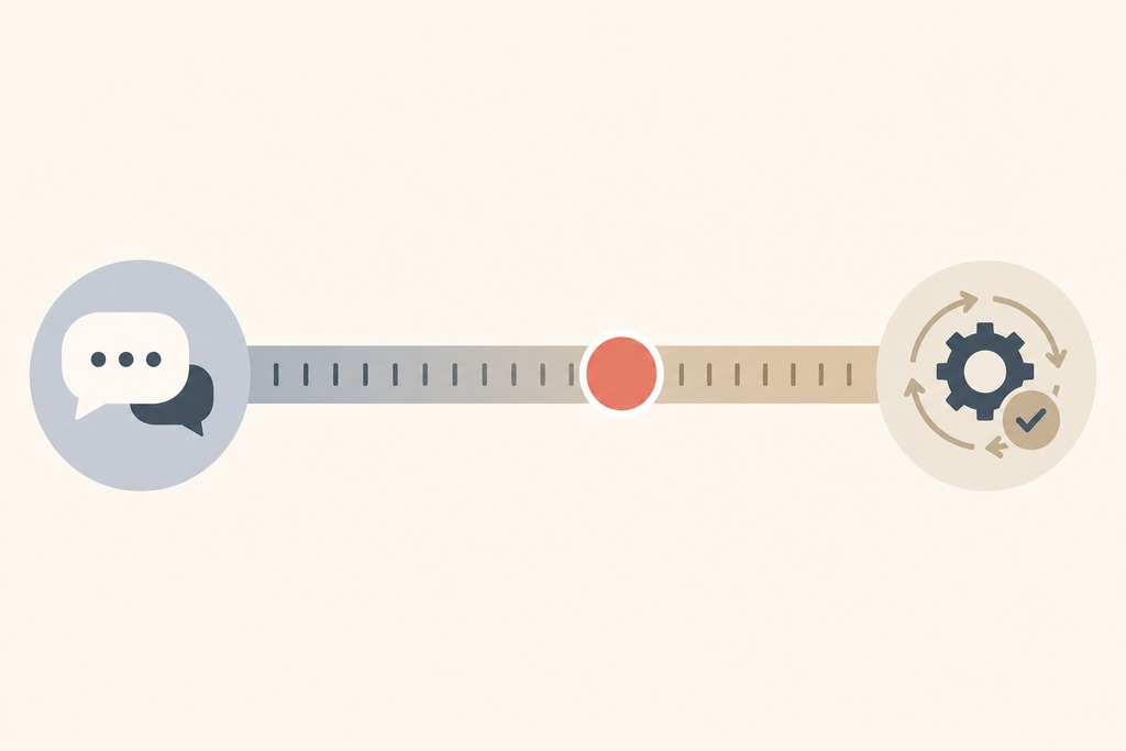Graphic showing a communication symbol and a gear symbol linked by a scale, representing a personal AI agent's functions.