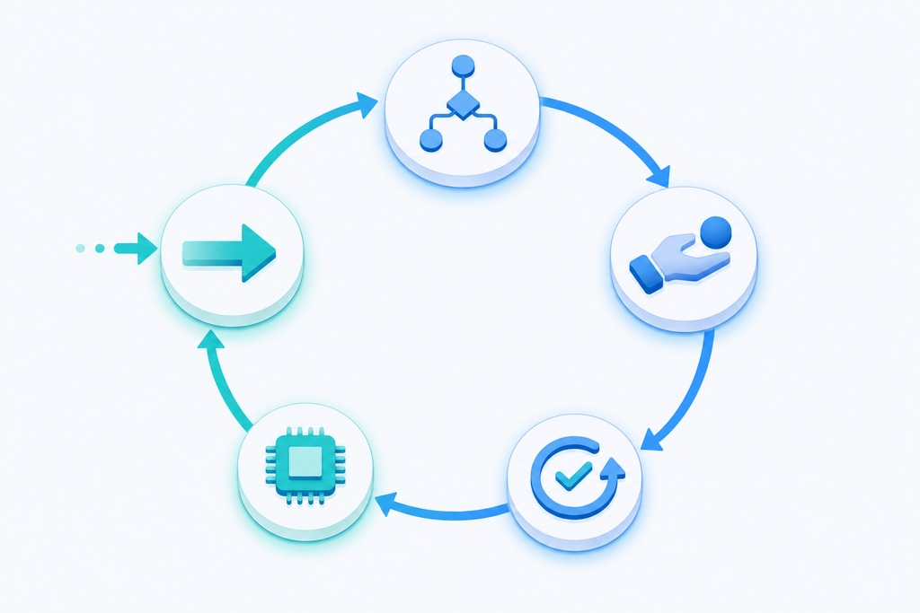 Illustration of a cycle depicting the process of a personal AI agent with arrows and icons for data processing, support, and feedback.