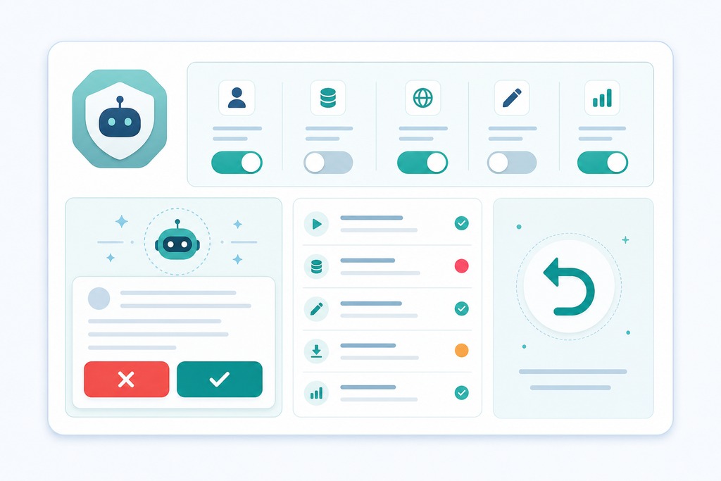Illustration of a personal AI agent dashboard featuring user settings, data management, and bot interaction options.