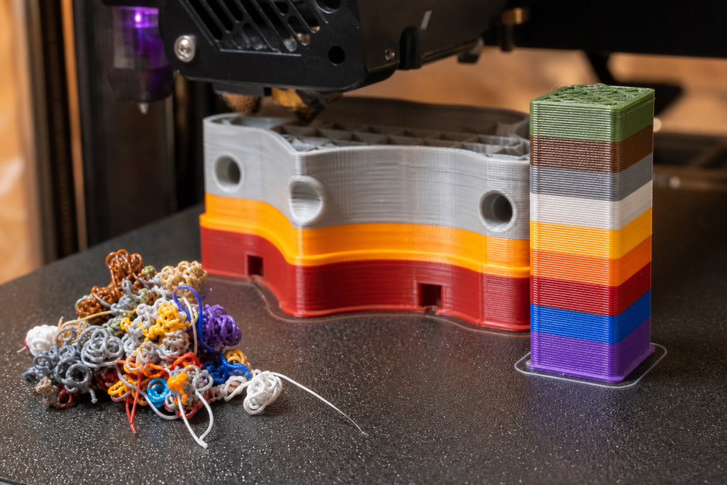 A 3D printer with a multicolored print and a pile of tangled filament samples beside it.
