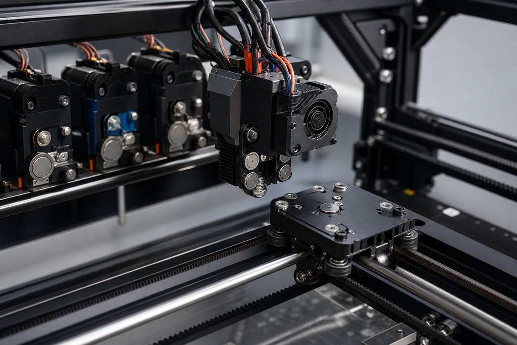 Close-up of a 3D printer's tool changer mechanism showing multiple extruders and a mounting plate.