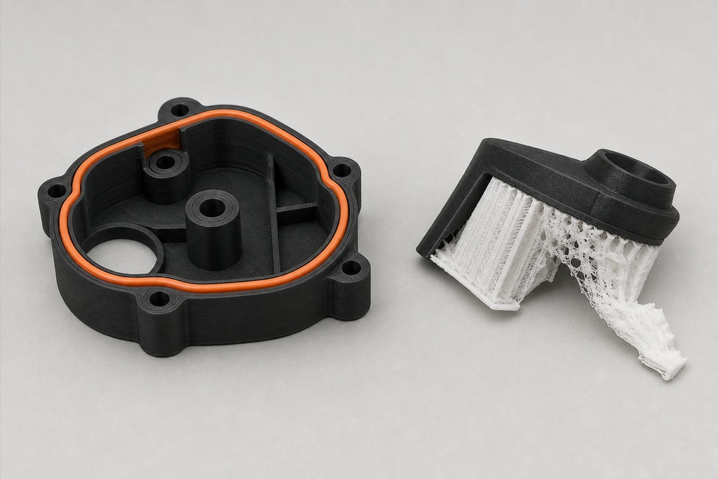 3D printed parts on a gray background, featuring a black casing with an orange ring and a damaged white component.