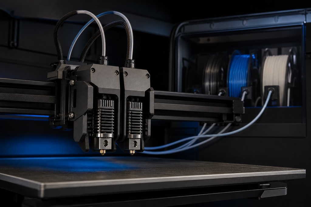 Close-up of a dual-nozzle 3D printer with filament spools, highlighting tool changer vs filament changer technology.