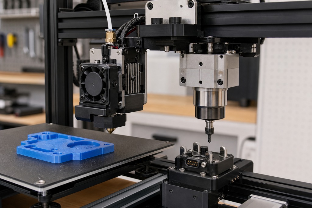 Close-up of a hybrid 3D printer's print head with filament nozzle and milling tool above a blue printed part on the bed.