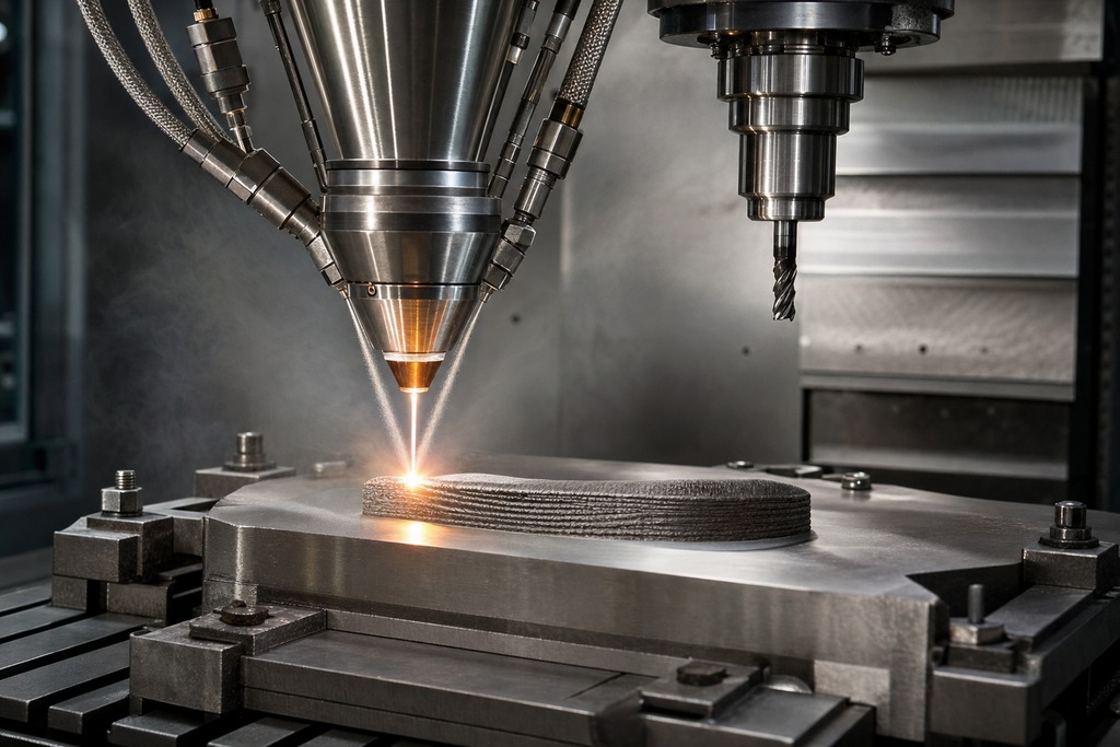 Close-up of a hybrid 3D printer with a laser nozzle printing a layered material on a metal surface.