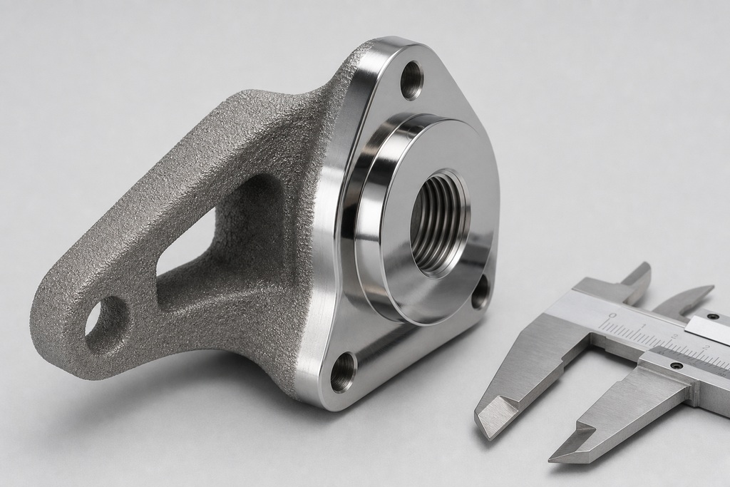 Close-up of a 3D printed hybrid metal part next to a caliper for precise measurement.