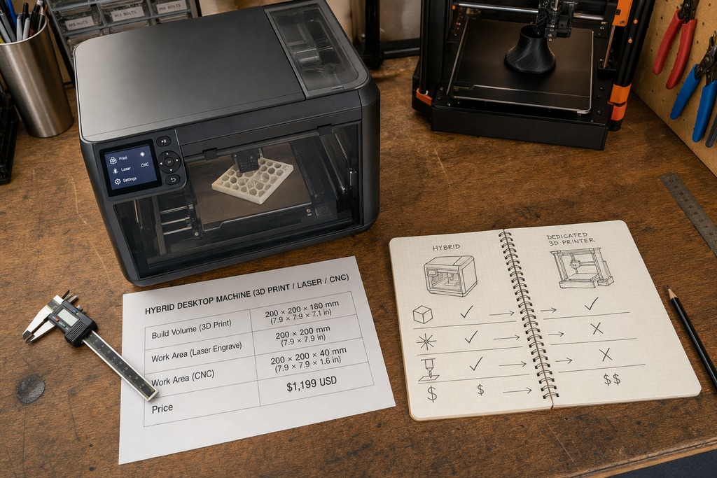 A hybrid 3D printer on a workbench, alongside a specification sheet and a comparison notebook.
