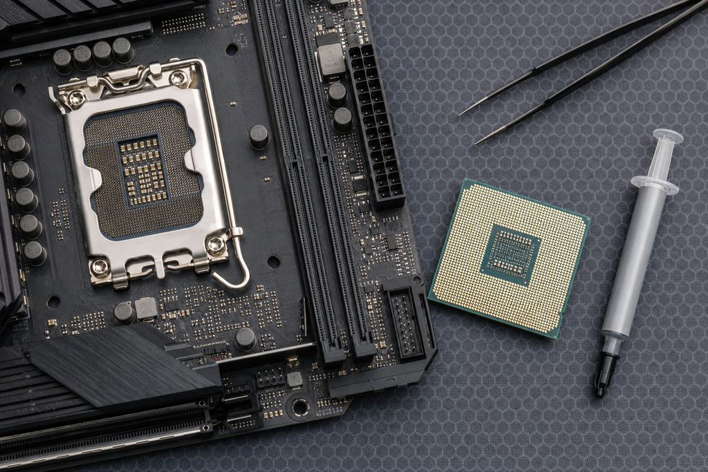 Image of a computer motherboard with an empty CPU socket, a CPU, thermal paste, and tweezers for "zen 6 vs nova lake" comparison.