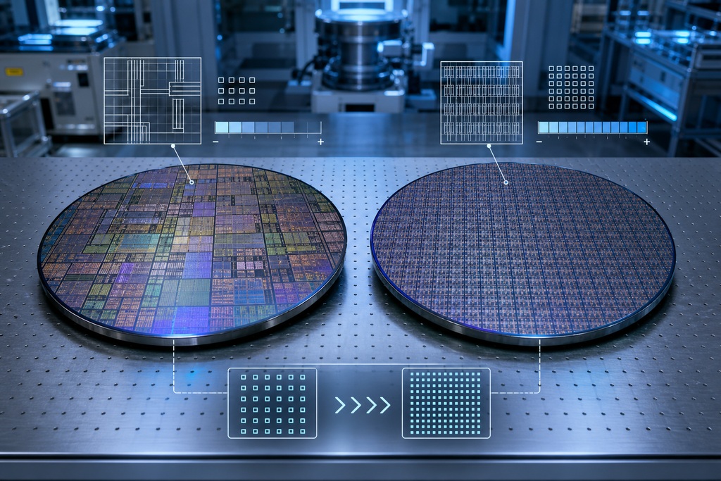 Close-up image of two semiconductor wafers, showcasing designs for Zen 6 and Nova Lake architectures.