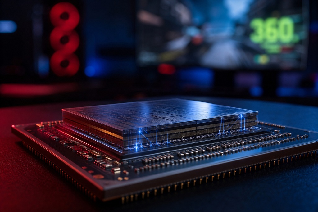 Close-up of a modern CPU on a motherboard, with a gaming monitor displaying graphics in the background.
