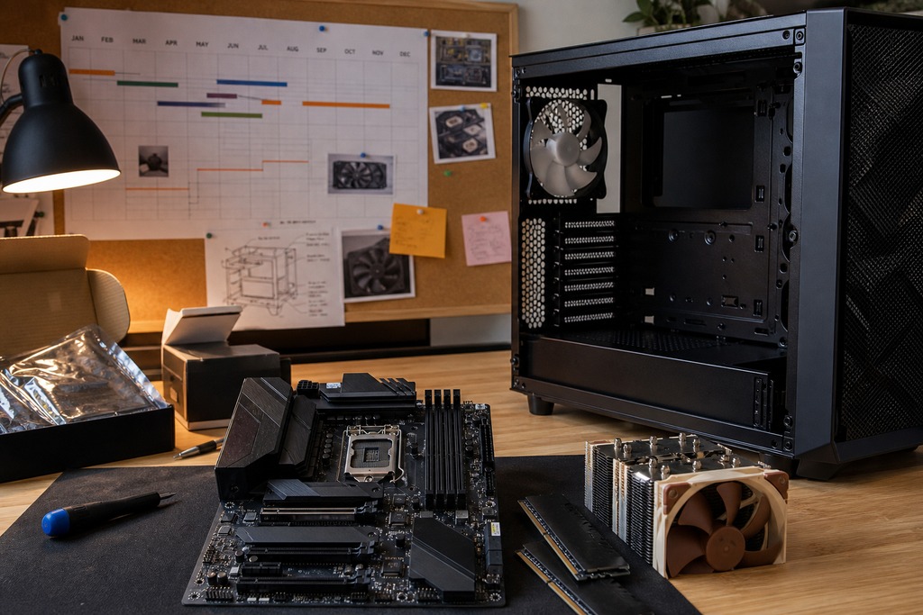 Close-up of a desktop setup featuring a motherboard, CPU cooler, and PC case, related to Zen 6 vs Nova Lake comparison.