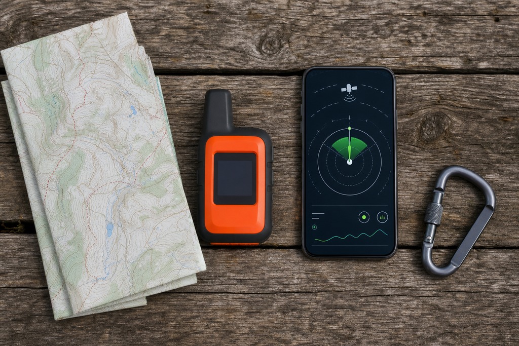 Flat lay of a map, smartphone displaying satellite signals, satellite communicator, and a carabiner on wood surface.