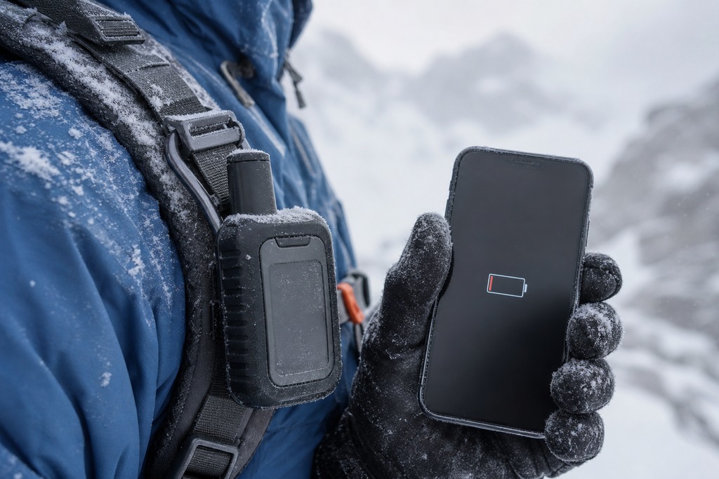 A person in winter gear holds a smartphone showing a low battery icon next to a satellite communicator.