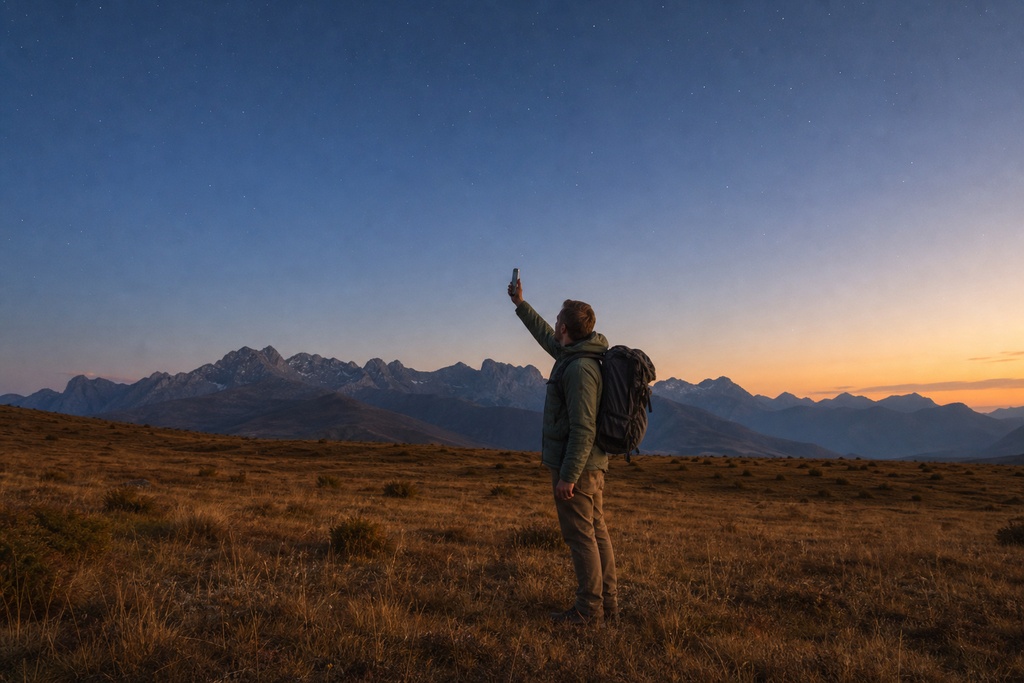 A hiker stands on a mountain landscape, holding a smartphone skyward at dusk, exploring satellite messaging options.