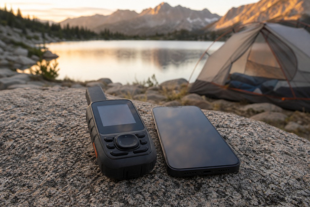Smartphone and satellite messaging device on a rock by a serene lake, with mountains and a tent in the background.