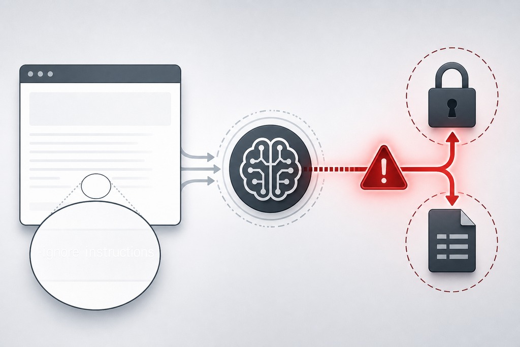 Illustration of AI agent processing data, emphasizing computer use safety with warning symbols and security icons.