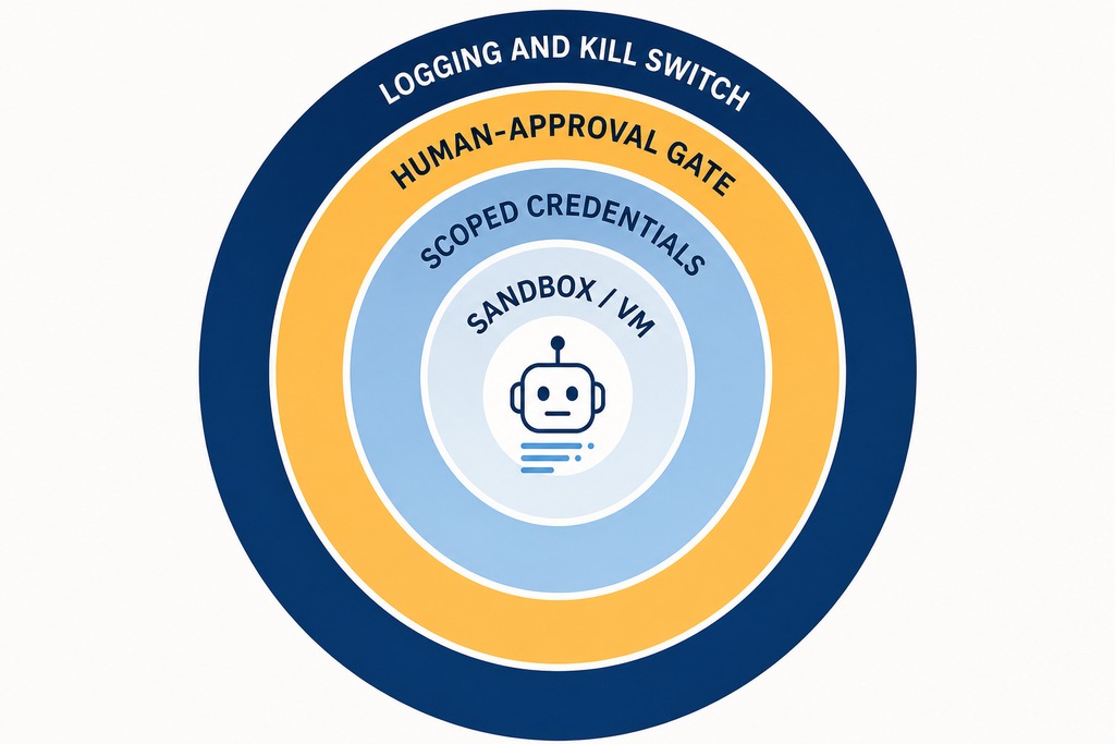 Diagram illustrating layers of AI agent computer use safety measures with a central robot icon.