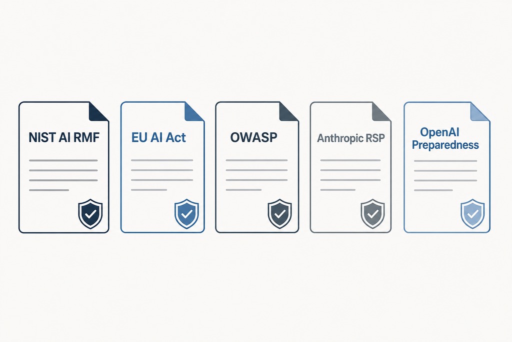 Documents featuring AI safety guidelines from NIST, EU, OWASP, Anthropic, and OpenAI.