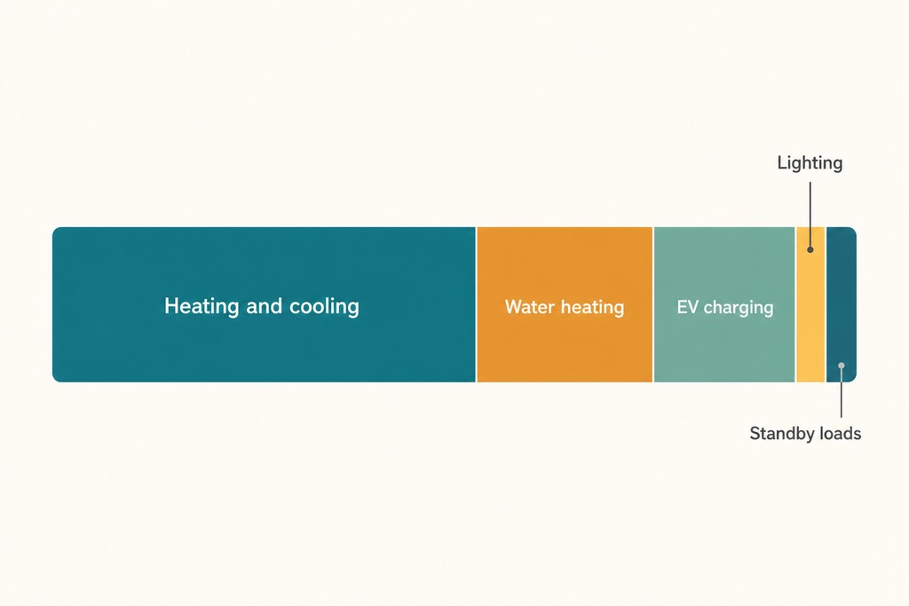 Diagram illustrating smart home energy management categories: heating, water heating, EV charging, lighting, and standby loads.