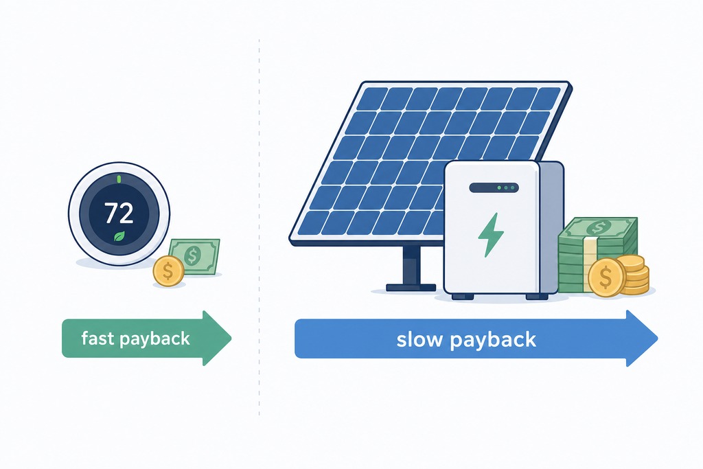 Illustration comparing fast payback for smart thermostats with slow payback for solar energy systems.