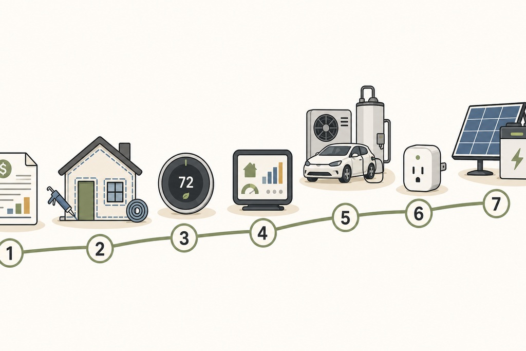 Illustration of smart home energy management tools, including a house, thermostat, car, and solar panel.