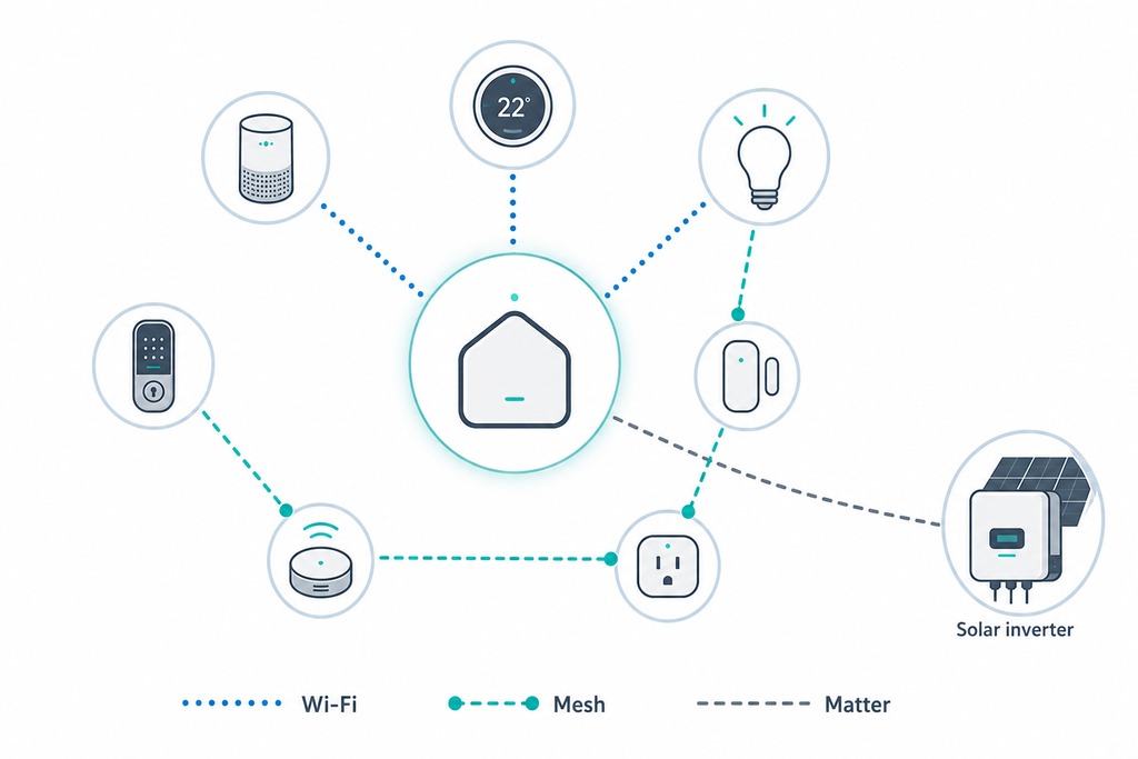 Diagram showcasing smart home energy management devices connected via Wi-Fi, Mesh, and Matter protocols.