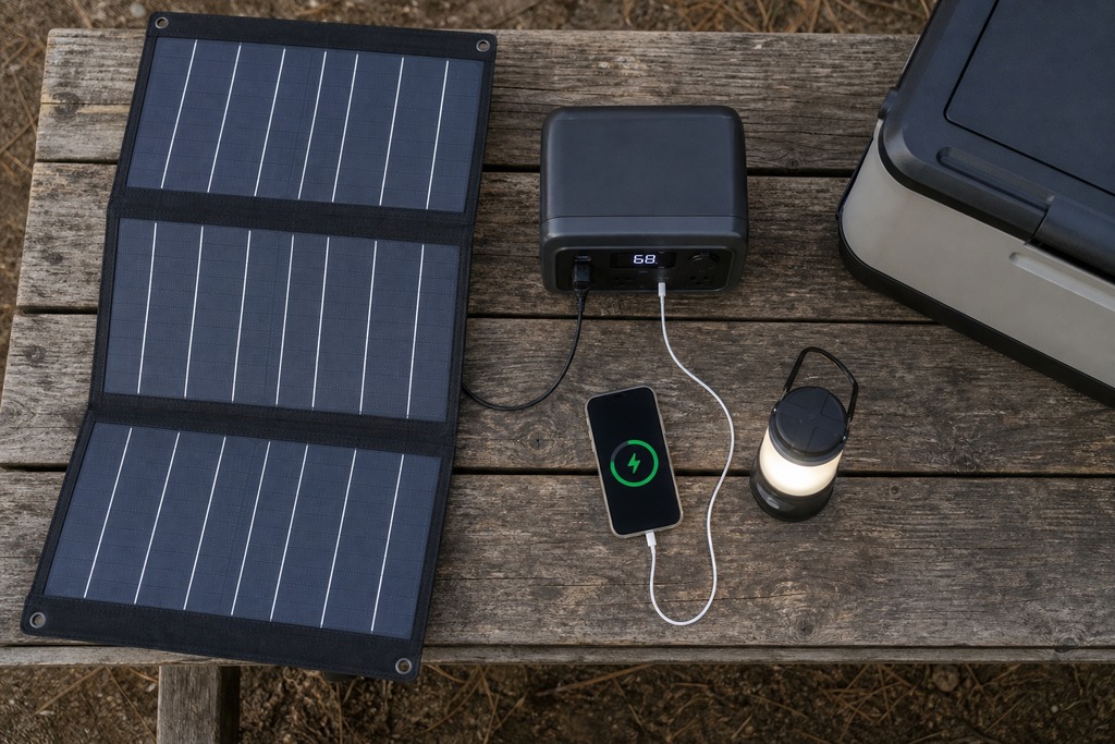 Solar panels, portable power station, charging smartphone, and lantern on a wooden table for camping energy needs.