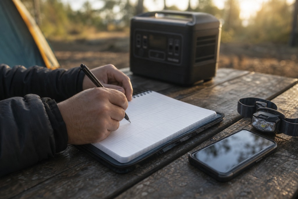 A person writes in a notebook next to a portable power station, smartphone, and headlamp at a camping site.