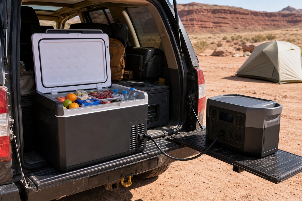 A portable cooler filled with food and drinks is connected to a solar power generator in an outdoor camping setup.