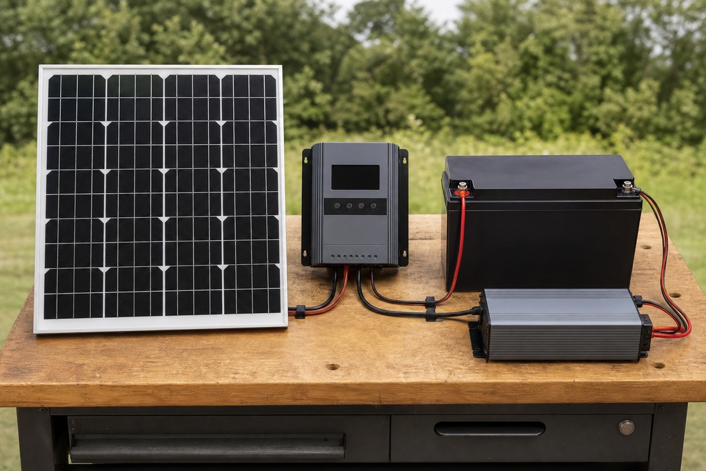Solar panel, charge controller, and battery setup for powering camping gear outdoors.