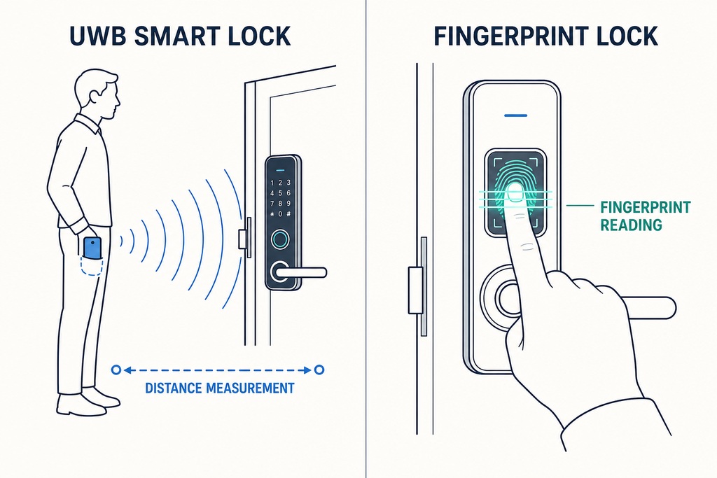 Illustration comparing UWB smart lock technology with fingerprint lock functionality for secure access.