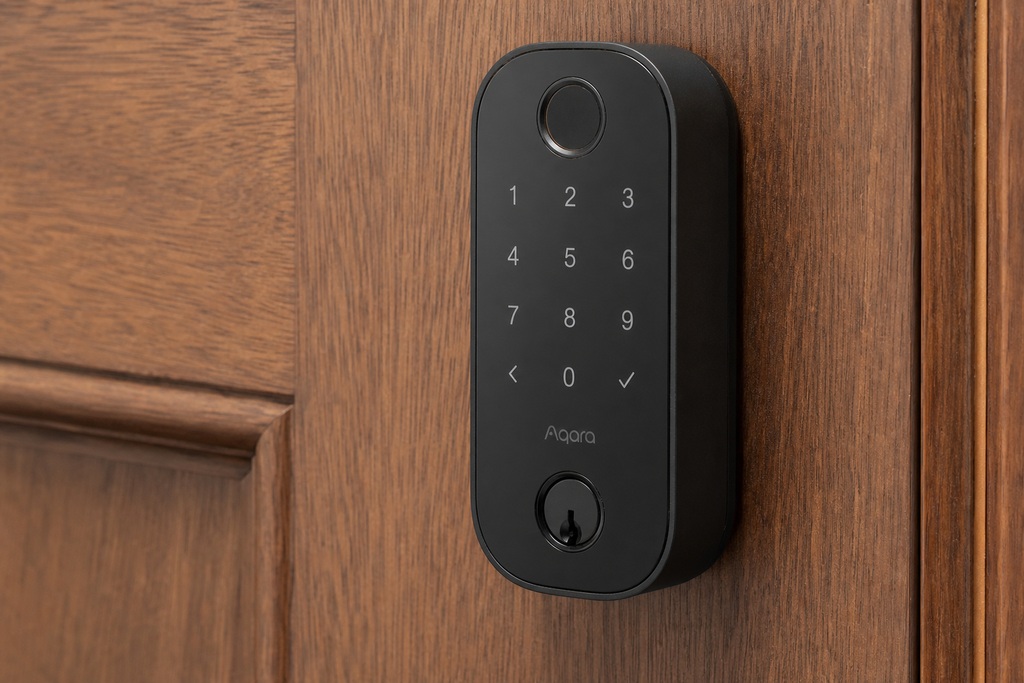 Close-up of a sleek black smart lock with a keypad, showcasing its modern design on a wooden door.