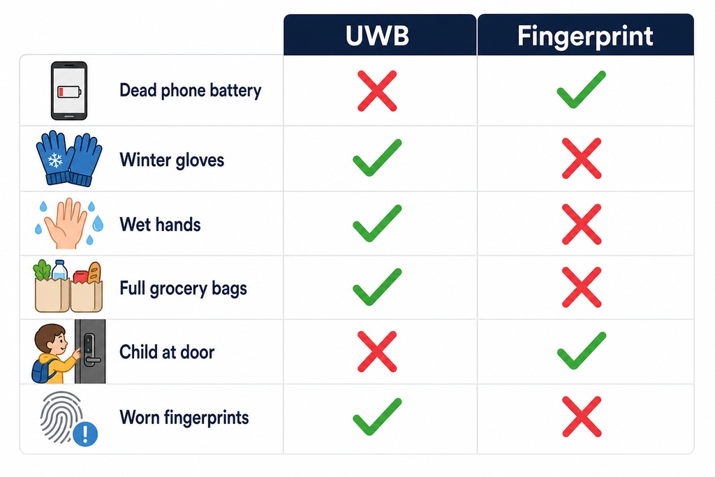 Comparison chart of UWB smart lock and fingerprint lock features with checkmarks and crosses for various conditions.