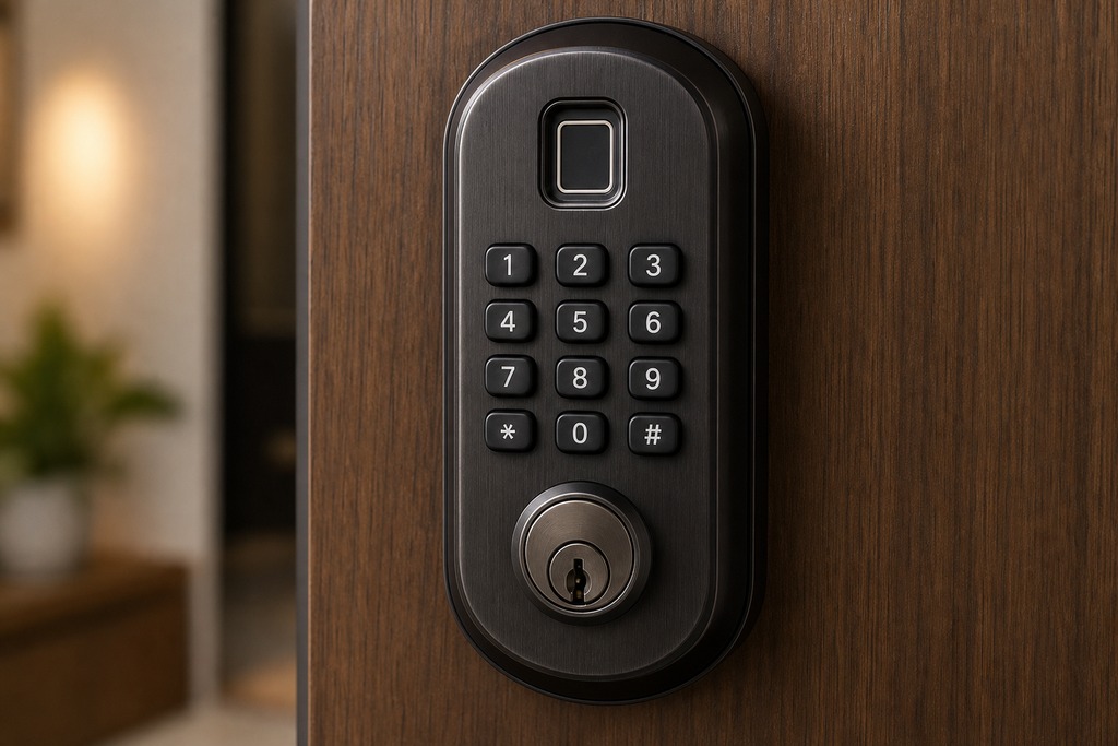 Close-up of a modern smart lock with keypad and fingerprint scanner on a wooden door.