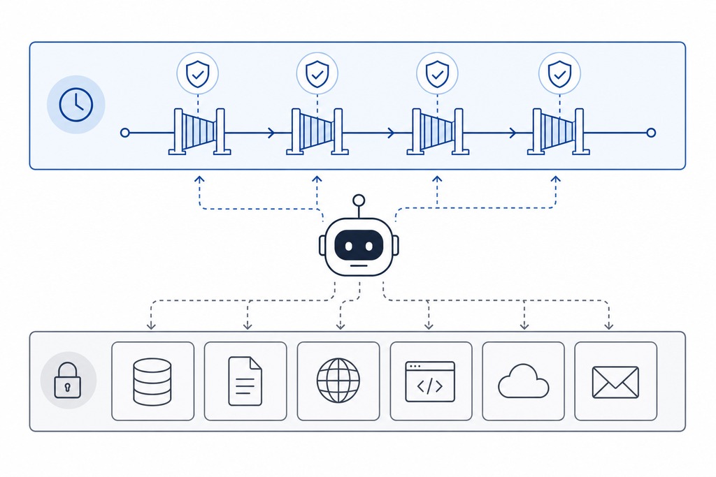 Illustration of an AI agent managing permissions and approval gates for data access and communication channels.