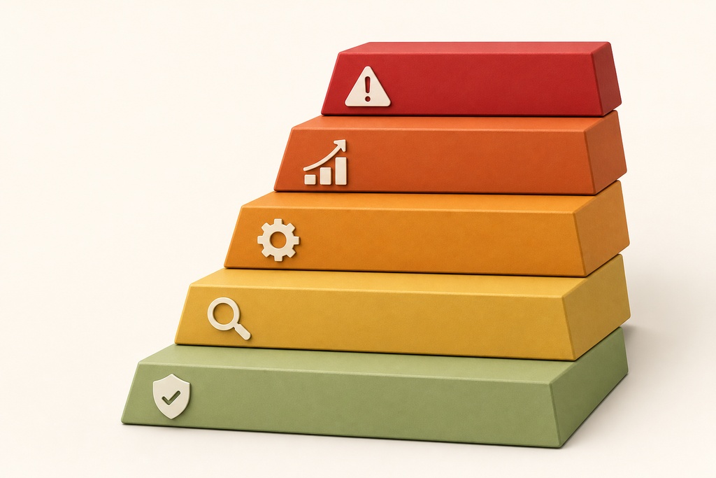 Pyramid of colored blocks representing ai agent permissions and approval gates with various icons.