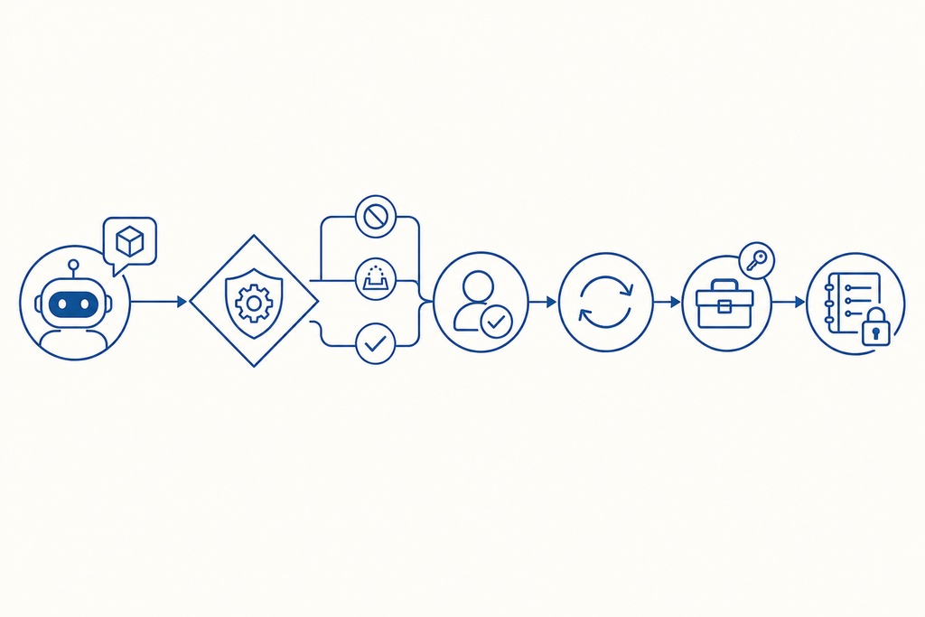 Flowchart illustrating ai agent permissions and approval gates with various icons representing each step.