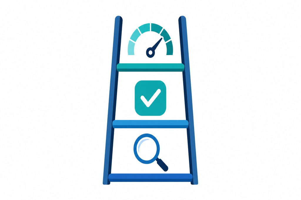 Illustration of a blue ladder with a speedometer, checkmark, and magnifying glass representing AI shopping agents.