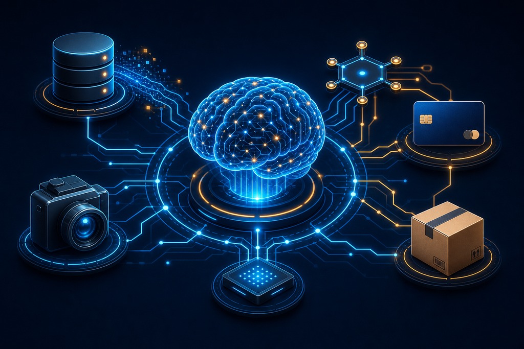 Illustration of a glowing brain surrounded by shopping-related items and digital elements, symbolizing AI shopping agents.