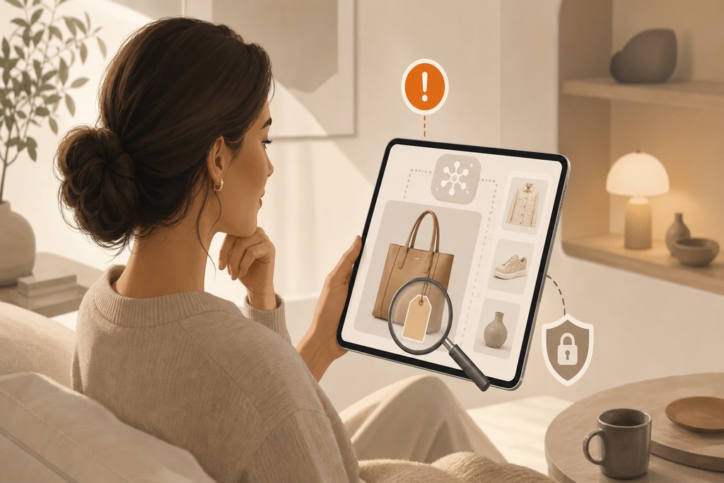 A woman examines fashion items on a tablet, showcasing the concept of AI shopping agents in a cozy setting.