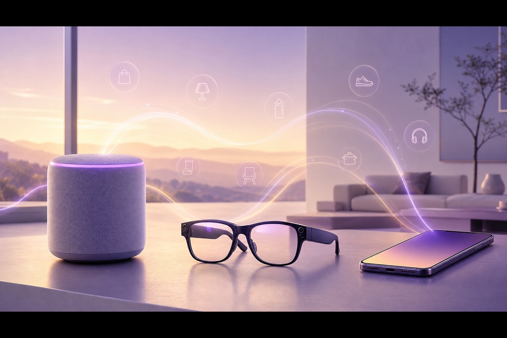A smart speaker, smart glasses, and a smartphone on a table with icons representing AI shopping agents.