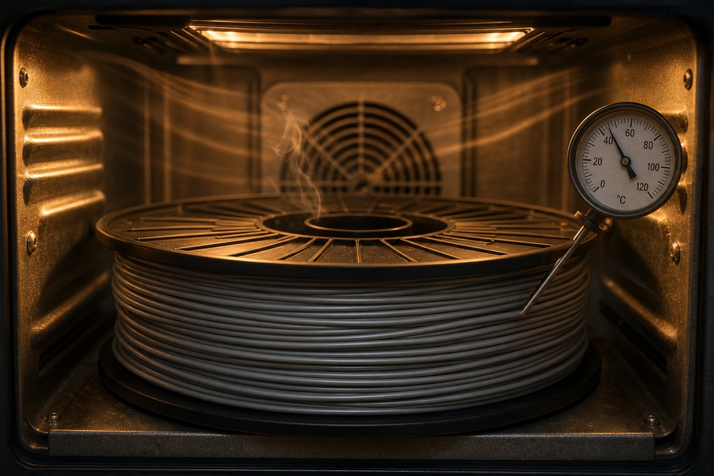 A filament spool is inside a heated dryer, with temperature gauge readings visible.