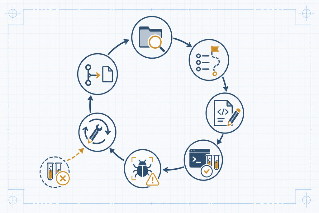 Diagram illustrating the coding process, featuring stages like debugging, coding, and testing in a circular flow.