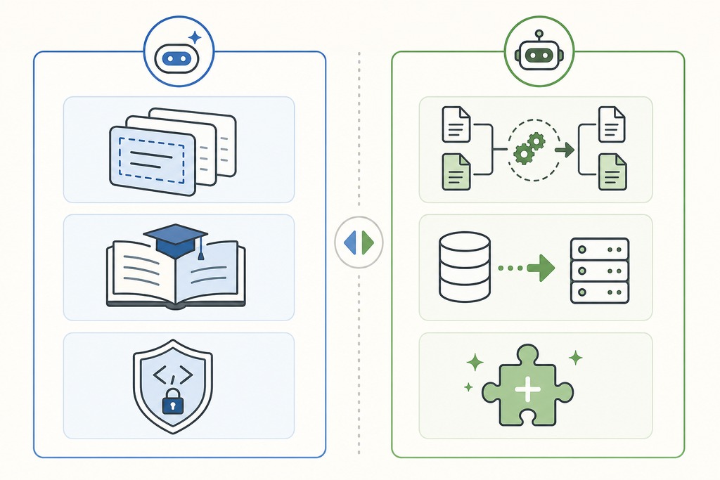 Infographic comparing AI coding agents with coding copilots, featuring icons for learning, security, and data processing.