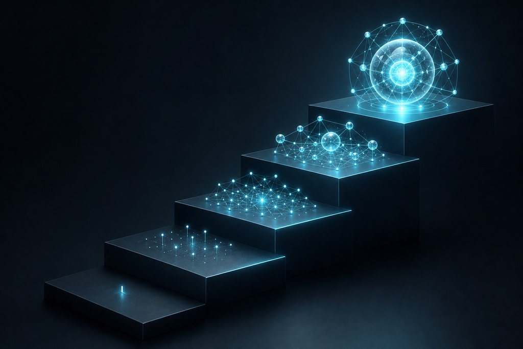 Visual representation of stages, featuring glowing blue geometric spheres and networks on layered platforms, symbolizing AI coding agents vs coding copilots.
